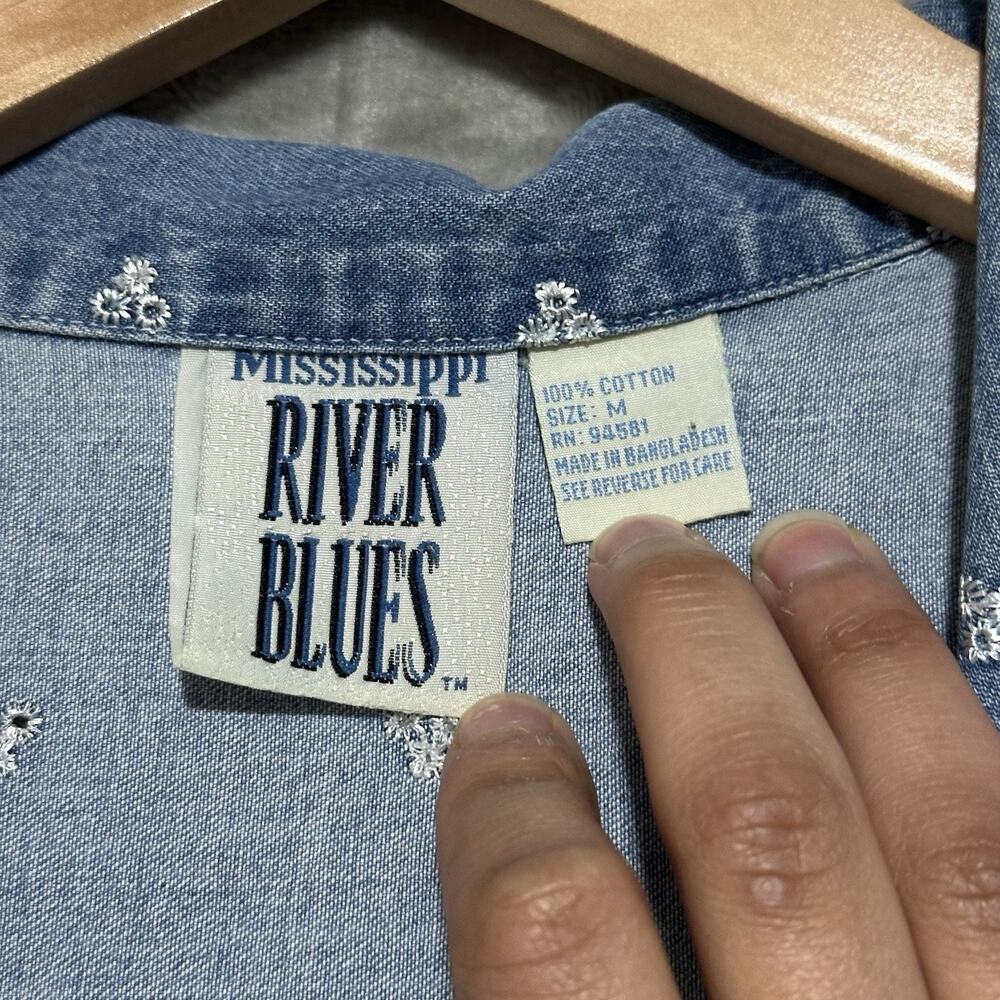 Vintage Mississippi River Blues Denim Midi Dress Womens Size M Blue Embroidered - Picture 2 of 6